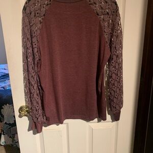 SHEIN Burgundy Lace Sleeve Sweatshirt